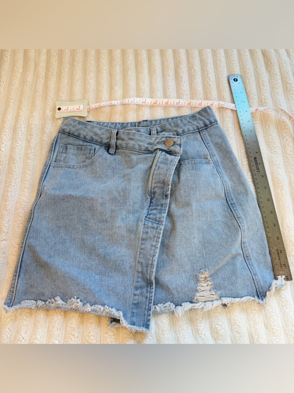 Le Lis Light Blue Denim Wrap Mini Skirt with Frayed Hem
